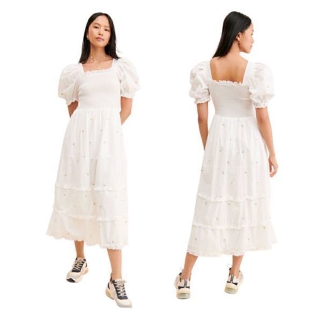 New Sister Jane Coastland Petal Midi Dress Puff Sleeve Tiered Ruffle S White - Picture 2 of 12